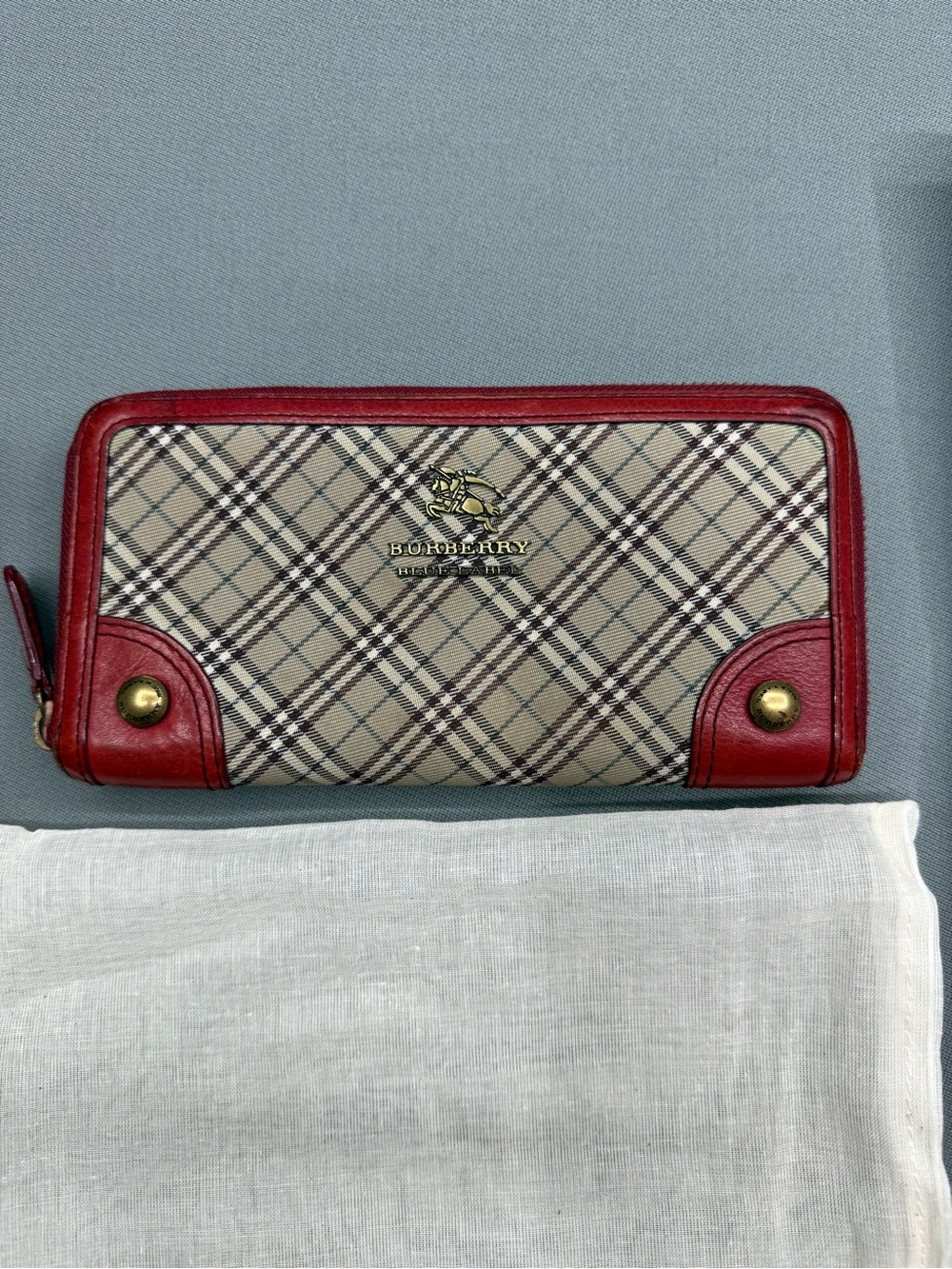 Burberry Blue Label Nova Check Zip-Around Wallet Burgundy Red Leather